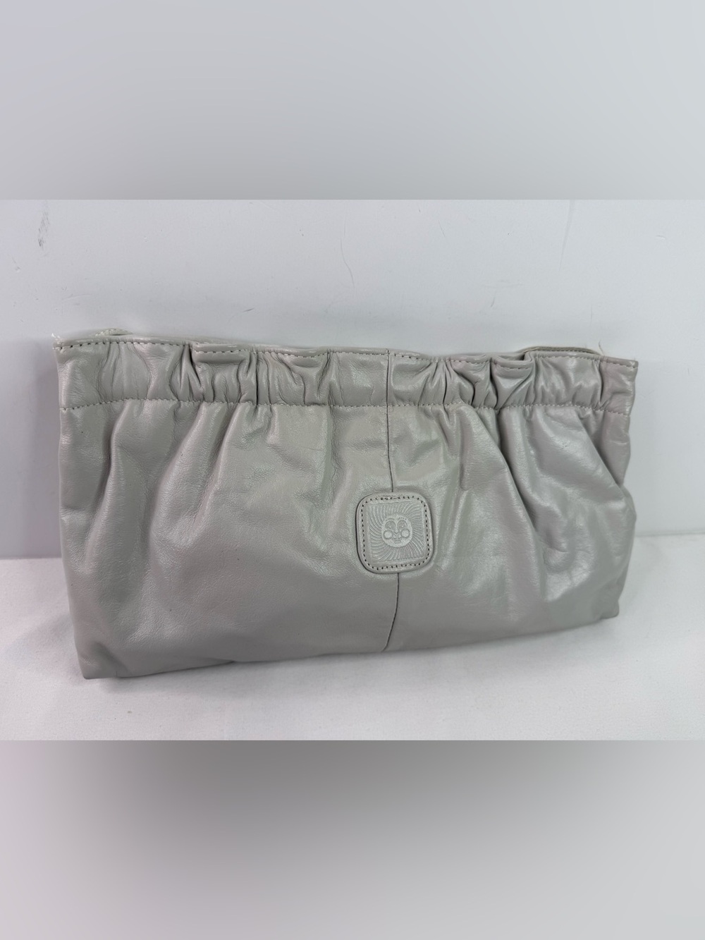 Vintage Slim Gray Leather Gathered Clutch Long Strap